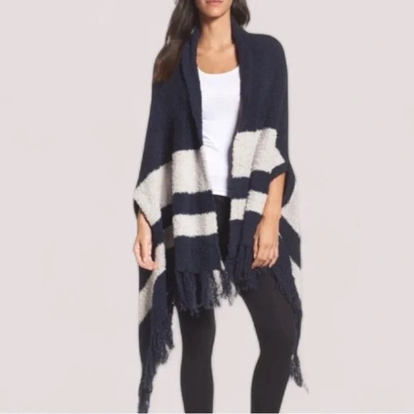 Barefoot Dreams Cozychic Malibu Wrap Indigo/Oyster Stripe OS - Picture 3 of 13